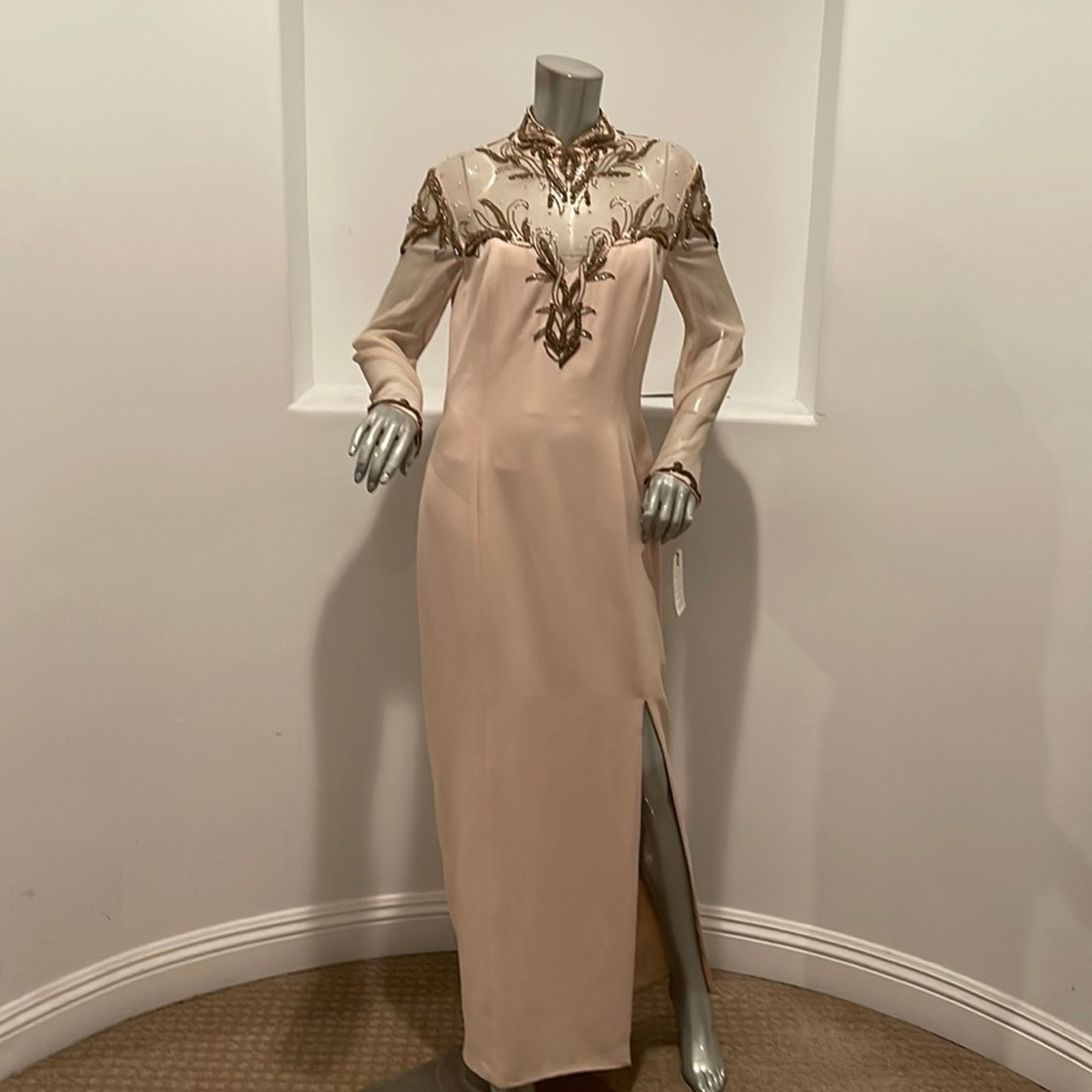 Bella Diosa Collection Vintage 90's Maxi Dress Beige Beaded Sheer Accent Size 12